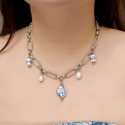 Nellwyn Porcelain and Pearl Chain Necklace - Silver Blue