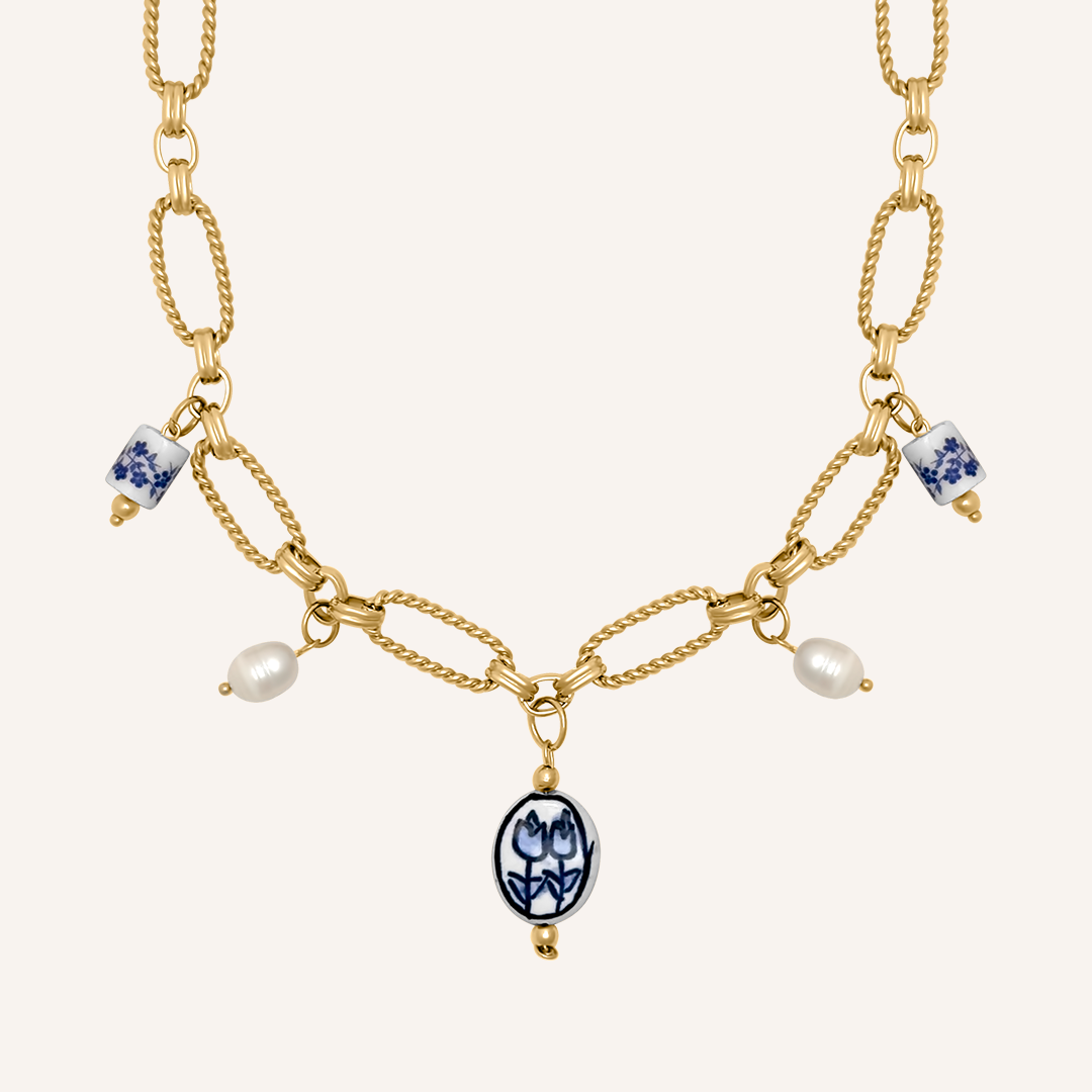 Nellwyn Porcelain and Pearl Chain Necklace