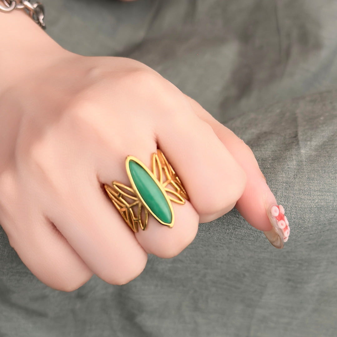 Olive Green Agate Stone Leaf Wrap Ring