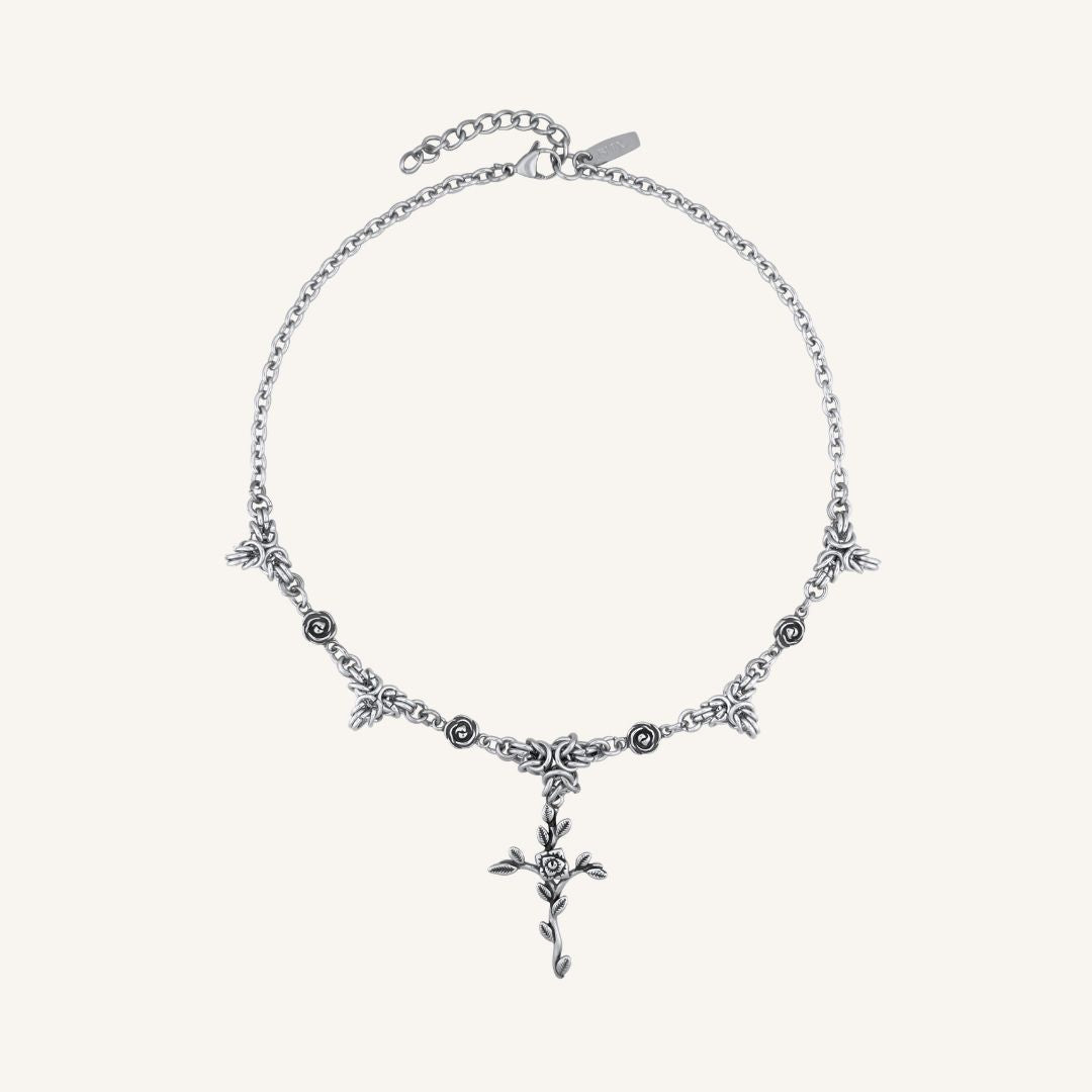 Pyre Chainmail Cross Rose Necklace