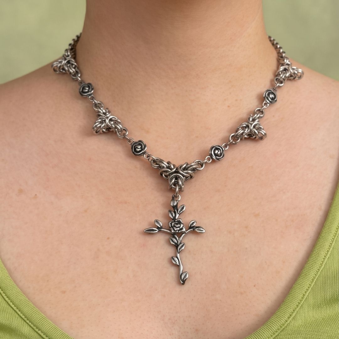 Pyre Chainmail Cross Rose Necklace