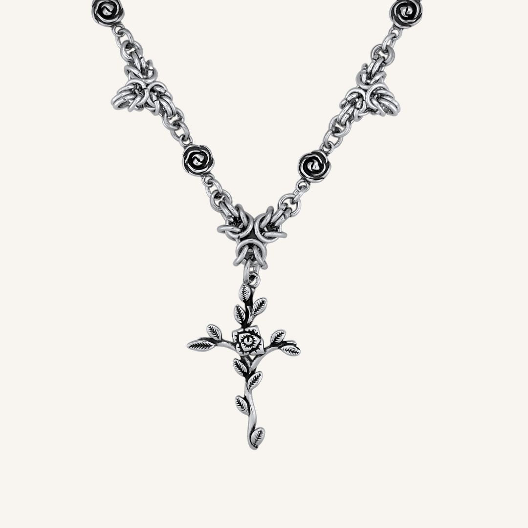 Pyre Chainmail Cross Rose Necklace