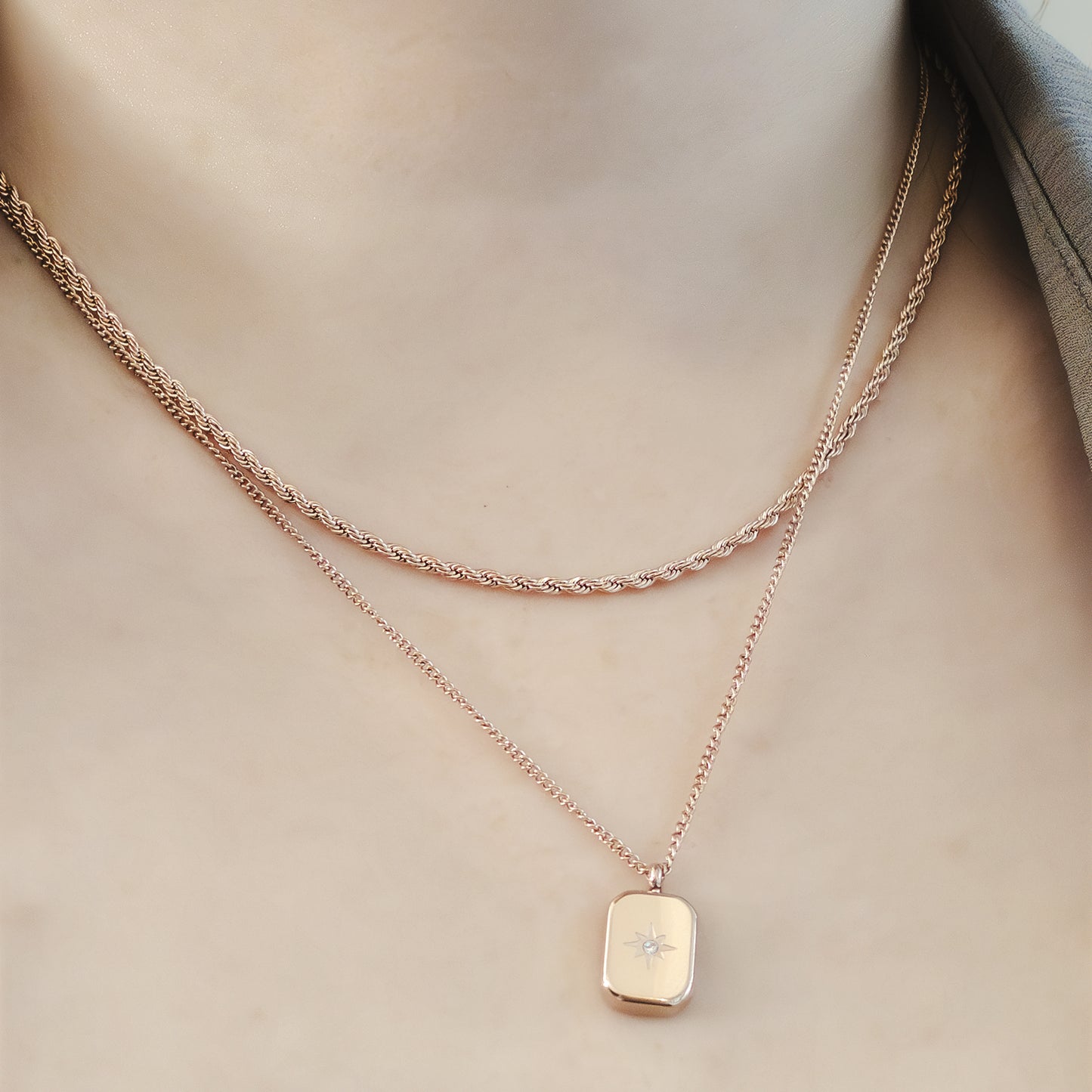 Saint Star Rectangle Layered Necklace - Rose Gold