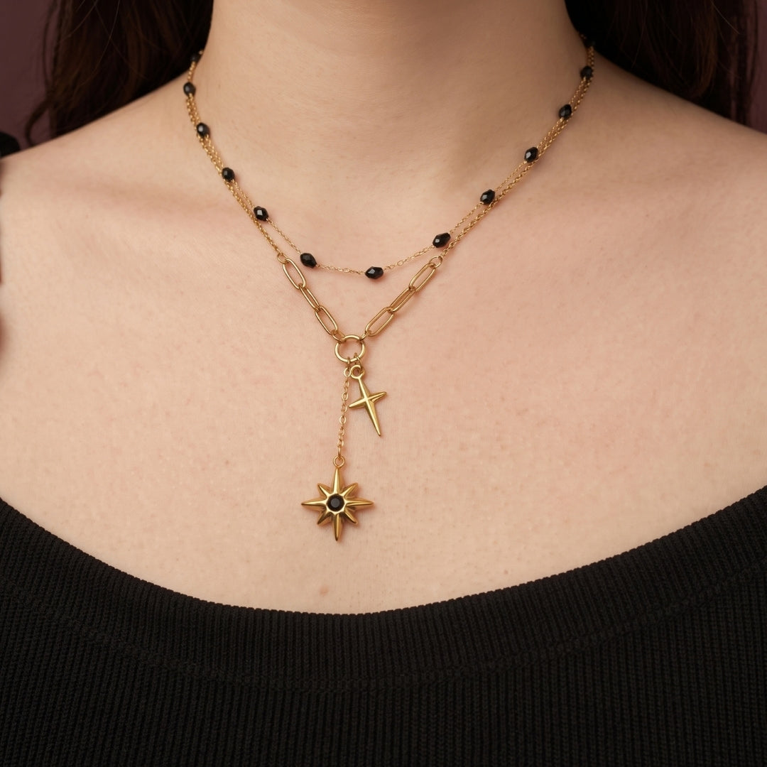 Starbloom Black Star Layered Necklace (Gold)