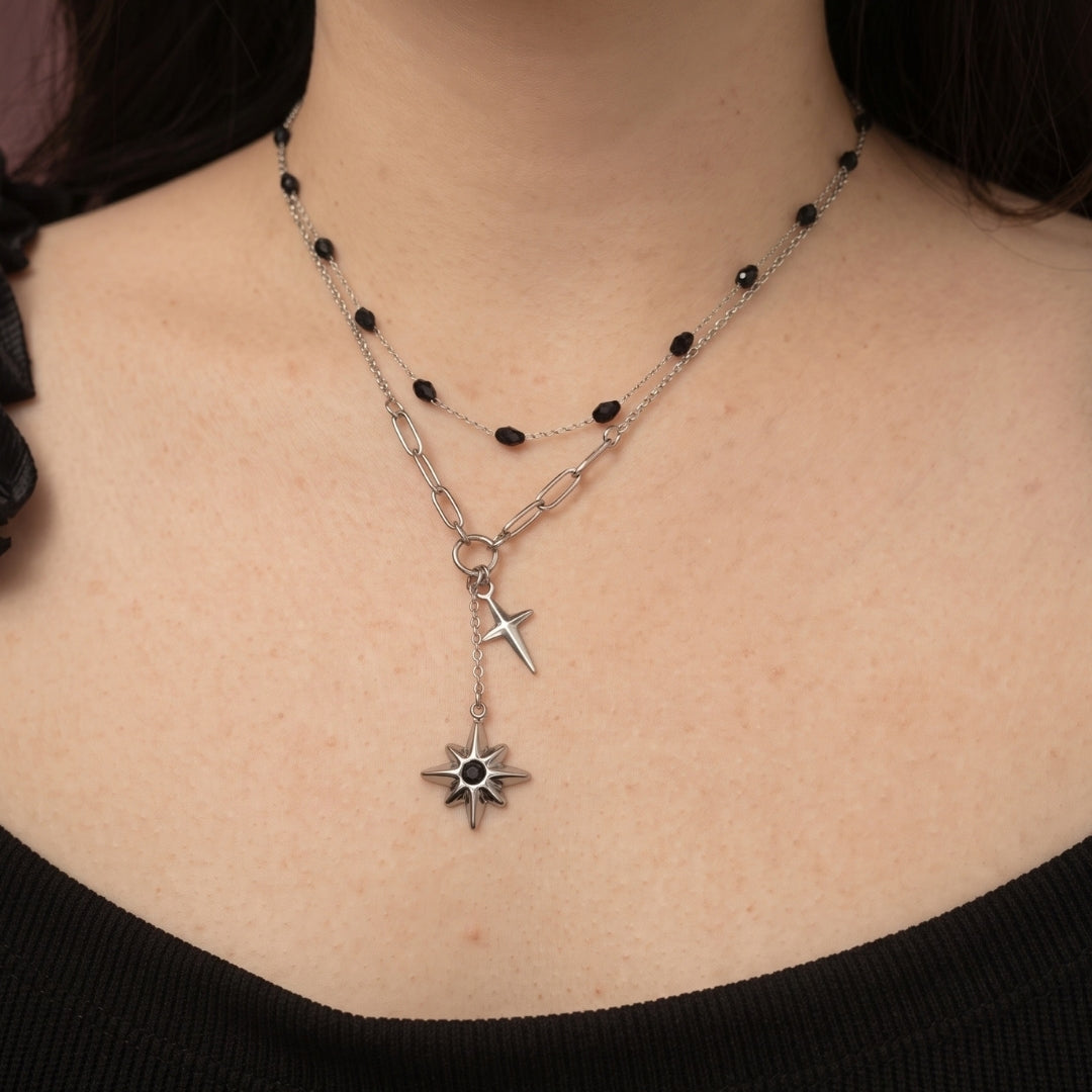 Starbloom Black Star Layered Necklace (Silver)