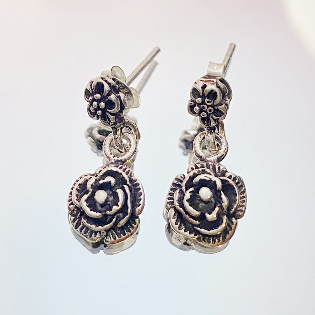 Oxidised Rose Drop Earrings