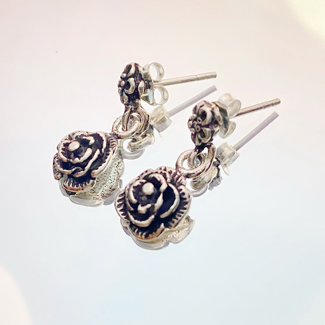 Oxidised Rose Drop Earrings