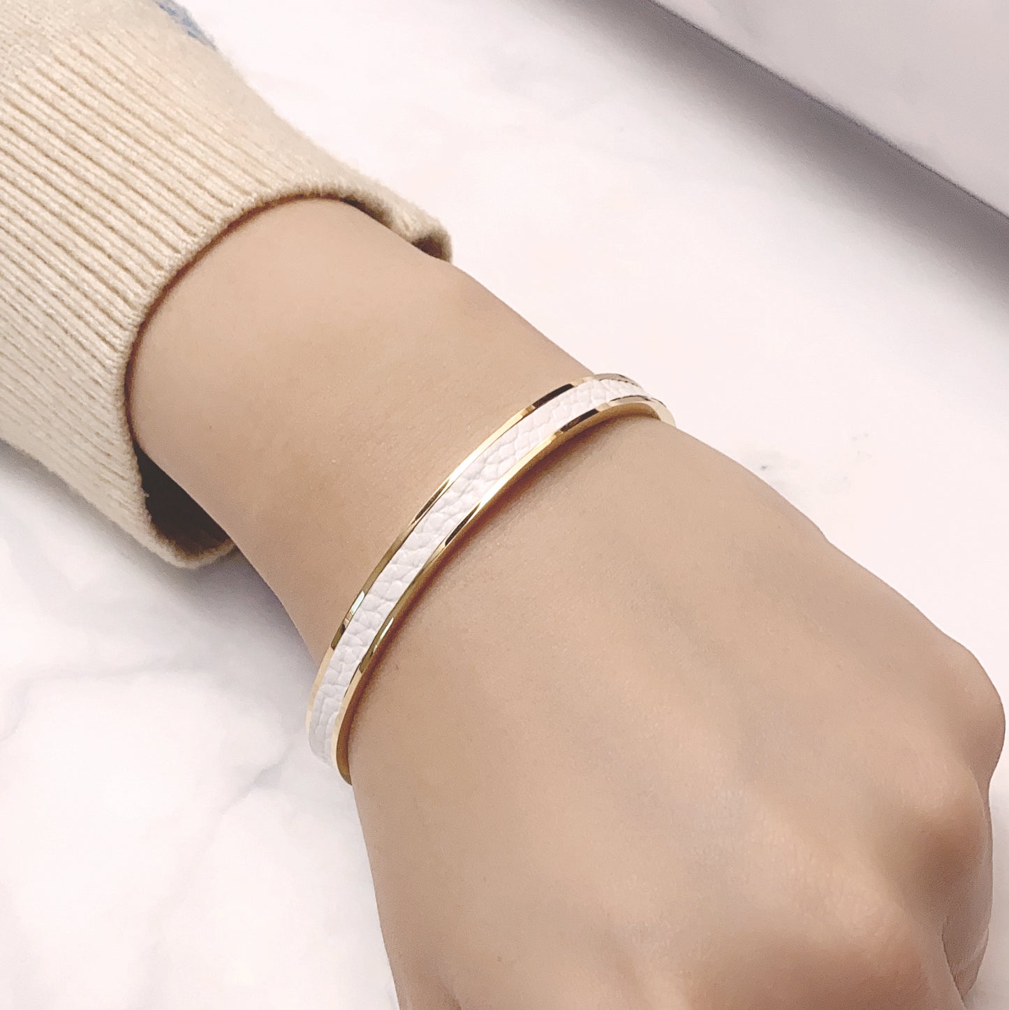 Men White Leather Cuff - Gold