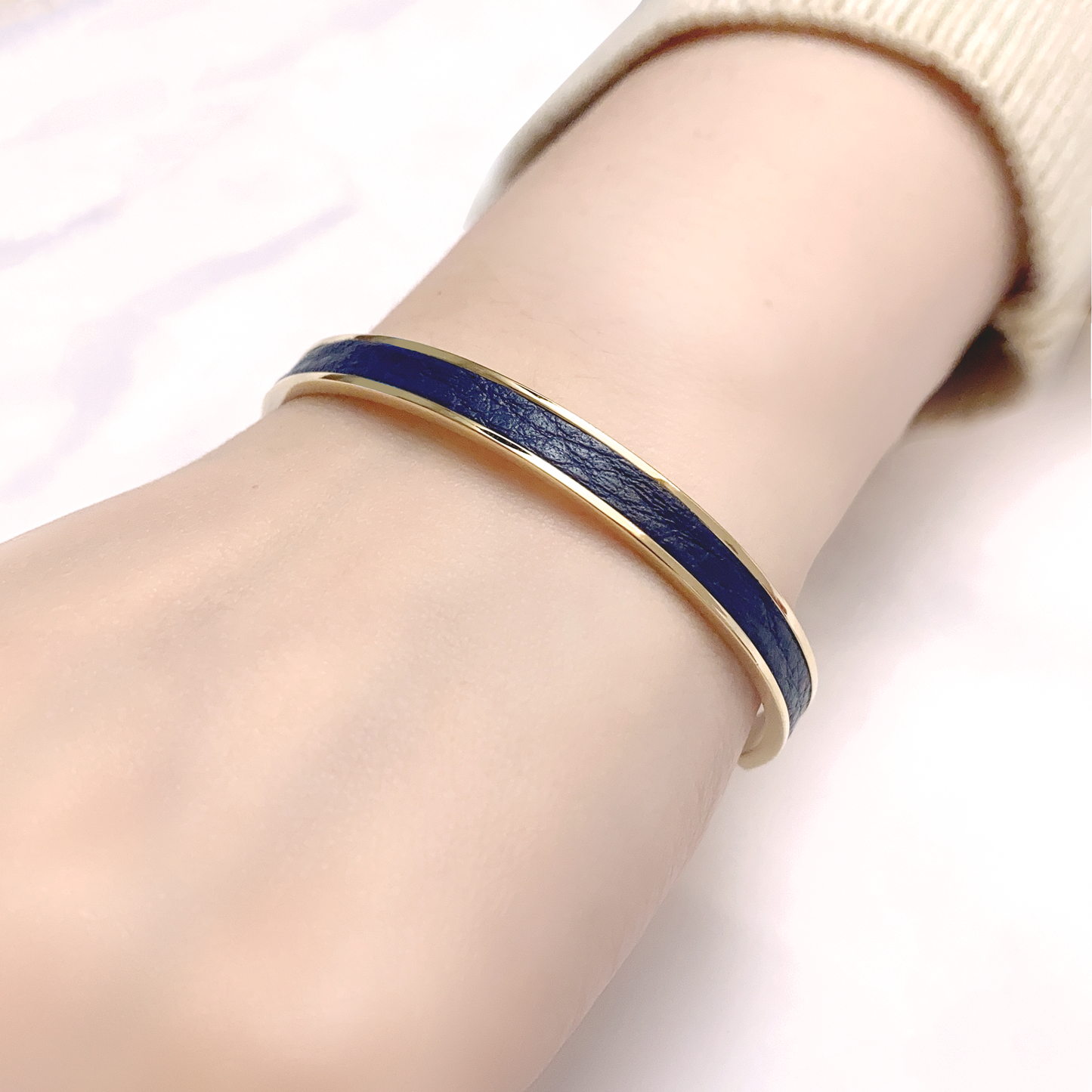 Navy Leather Cuff - Gold
